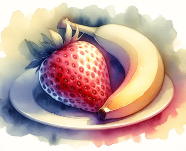 watercolor-style subliminal clipart of a strawberry and banana together on a plate in landscape orientation.