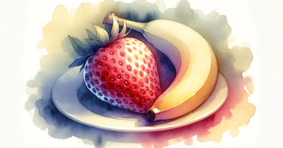 watercolor-style subliminal clipart of a strawberry and banana together on a plate in landscape orientation.