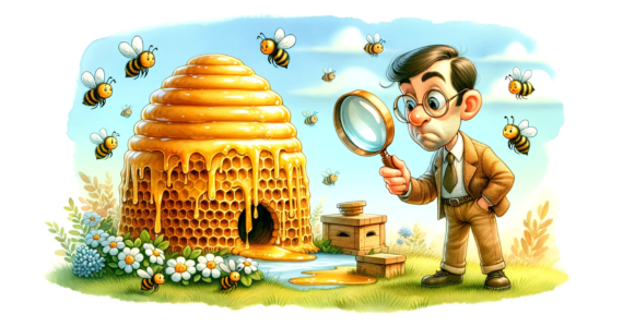 a cute beehive overflowing with honey, surrounded by playful bees, and a funny-looking man examining the hive with a magnifying glass, all depicted in a charming watercolor style.