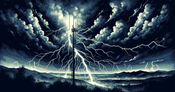 acrylic-style clipart depicting lightning striking a lightning rod during a night scene in a landscape orientation.