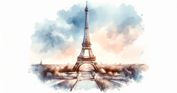 A watercolor subliminal clipart of the Eiffel Tower in a landscape orientation, capturing its grandeur and elegance in a stylized, semi-abstract manner.