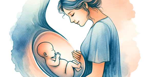 watercolor clipart image of a mother talking to her baby inside her womb, created in a subliminal and artistic style.