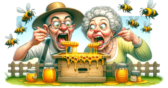 a funny-looking couple enjoying honey from a beehive, with playful bees buzzing around them. The scene captures a whimsical and lighthearted moment.