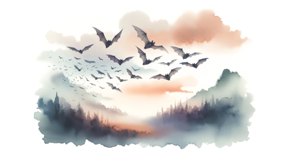 a watercolor subliminal clipart of bats flying around in a landscape orientation. This artistic representation captures the grace and serenity of bats in flight, set against a dreamy, ethereal watercolor background.