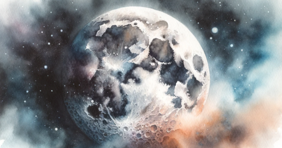 a watercolor subliminal clipart of the Moon's surface in outer space, created in a landscape orientation.