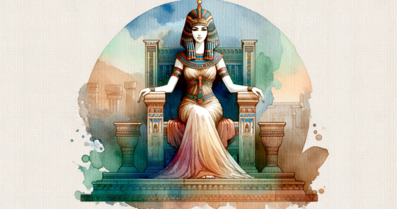 A watercolor clipart of Cleopatra sitting on her throne, presented in a landscape orientation.