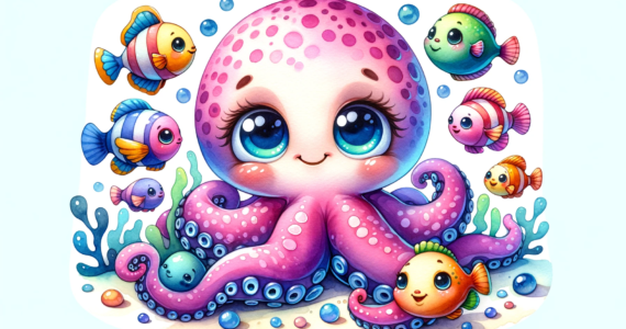 A cute and funny-looking octopus with friendly mini-sized fishes, now in a landscape orientation. The playful and whimsical underwater scene is depicted in vibrant colors and a cartoon-like style.