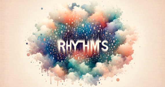 watercolor subliminal clipart featuring the word "Rhythms" in landscape orientation, with additional random words scattered around it.