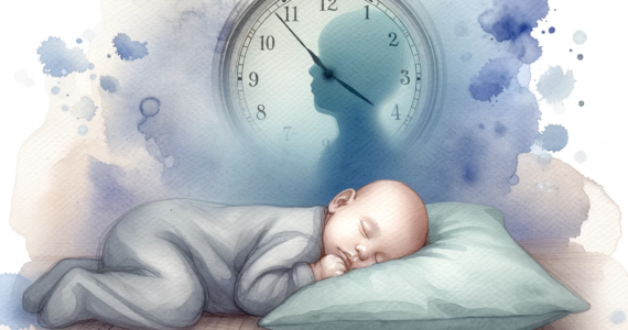 watercolor subliminal clipart image of a baby sleeping with a subtle depiction of a clock in the background. This image is designed in a landscape orientation to convey a sense of tranquility and restfulness.