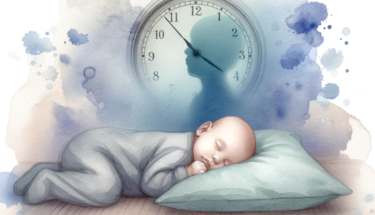 watercolor subliminal clipart image of a baby sleeping with a subtle depiction of a clock in the background. This image is designed in a landscape orientation to convey a sense of tranquility and restfulness.