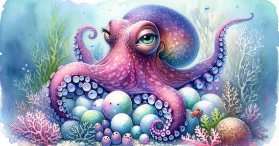 an octopus mother with her eggs, surrounded by small sea creatures in a whimsical and vibrant underwater setting.