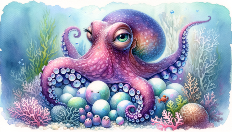 an octopus mother with her eggs, surrounded by small sea creatures in a whimsical and vibrant underwater setting.