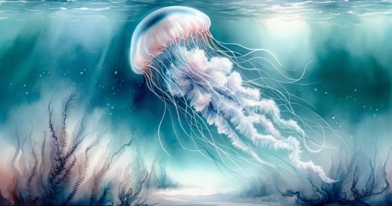 watercolor subliminal clipart of an immortal jellyfish underwater in landscape orientation.