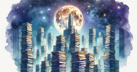 watercolor subliminal clipart showing papers stacked over one another, reaching the moon.