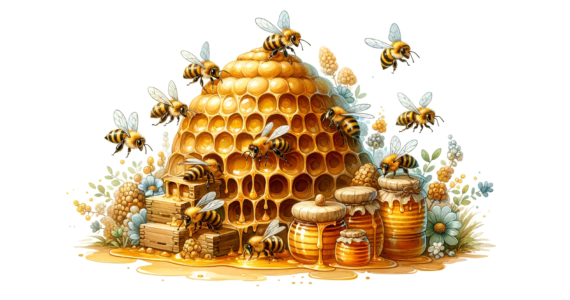 a watercolor painting of a cute group of bees in a beehive, surrounded by abundant honey. The whimsical and charming scene captures the bees buzzing around playfully with a soft, blended look typical of watercolor art.