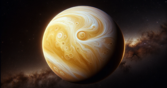 image of planet Venus as seen from space, depicted in a realistic and detailed manner, with its thick, swirling cloud cover and a backdrop of the vast cosmos.