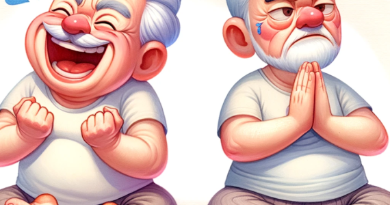 two funny-looking senior cartoon characters doing yoga. The first character is depicted laughing hard in a comical pose, while the second character looks on seriously and curiously, puzzled by his friend's laughter. The playful scene is captured in bright, cheerful watercolor tones.