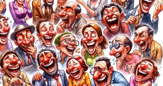 a group of funny-looking characters talking and laughing hard with one another. Each character is uniquely designed with exaggerated and humorous features, all depicted in bright, expressive watercolor ink on a white background, creating a playful and joyous atmosphere.