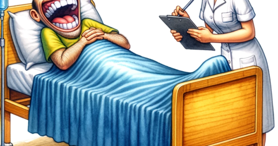 a funny-looking character lying in a hospital bed as a patient, laughing hard, with a nurse standing beside him looking puzzled. The vibrant and humorous scene is captured in bright, expressive watercolor paint on a white background.