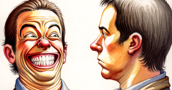 two funny-looking characters are looking at one another. The first character is showing a fake laugh, while the second character, directly facing the first, looks unaffected. The playful and humorous scene is captured in vibrant watercolor paint on a white background, highlighting the amusing contrast between the two characters.