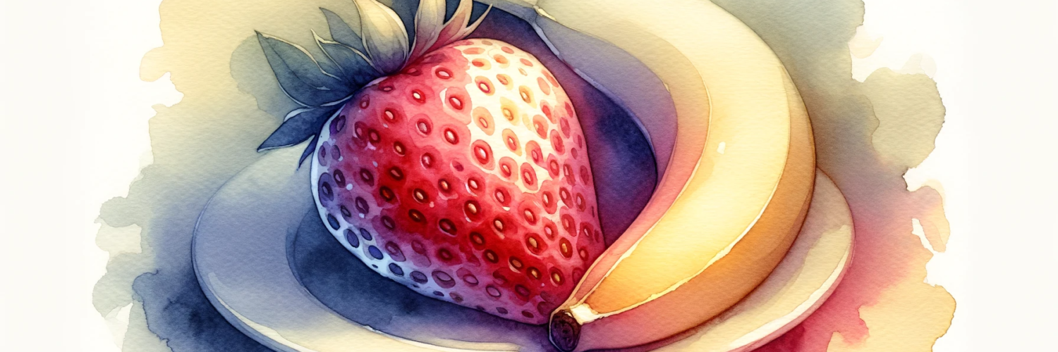 watercolor-style subliminal clipart of a strawberry and banana together on a plate in landscape orientation.