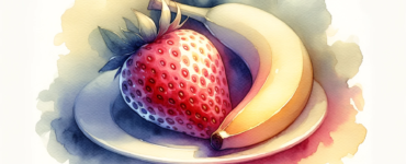 watercolor-style subliminal clipart of a strawberry and banana together on a plate in landscape orientation.