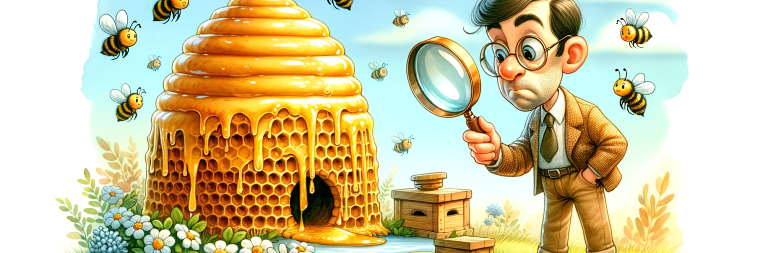 a cute beehive overflowing with honey, surrounded by playful bees, and a funny-looking man examining the hive with a magnifying glass, all depicted in a charming watercolor style.