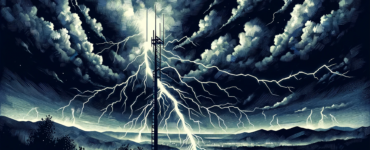 acrylic-style clipart depicting lightning striking a lightning rod during a night scene in a landscape orientation.