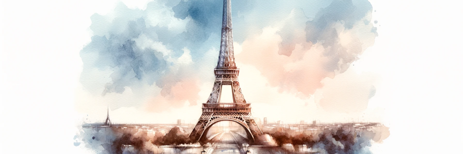 A watercolor subliminal clipart of the Eiffel Tower in a landscape orientation, capturing its grandeur and elegance in a stylized, semi-abstract manner.