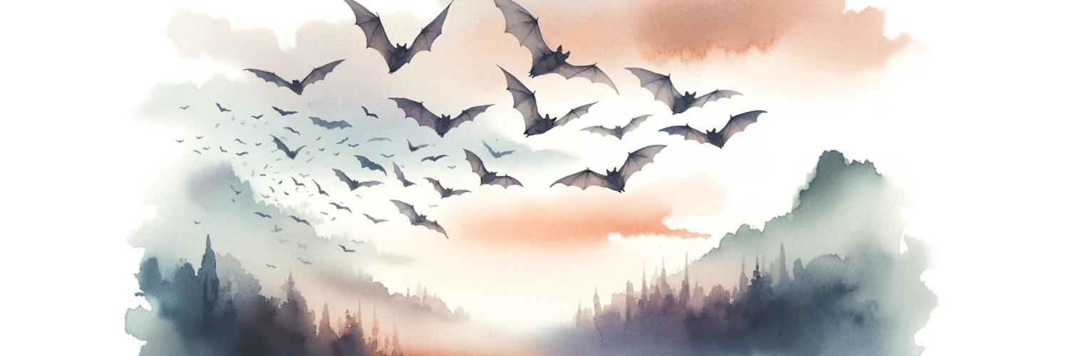 a watercolor subliminal clipart of bats flying around in a landscape orientation. This artistic representation captures the grace and serenity of bats in flight, set against a dreamy, ethereal watercolor background.