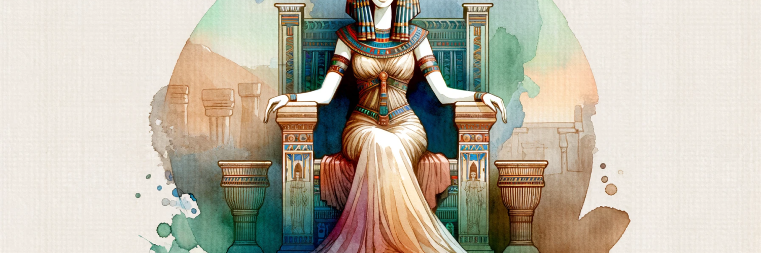 A watercolor clipart of Cleopatra sitting on her throne, presented in a landscape orientation.