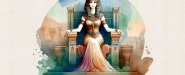 A watercolor clipart of Cleopatra sitting on her throne, presented in a landscape orientation.