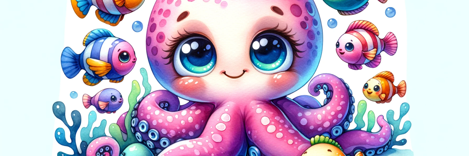 A cute and funny-looking octopus with friendly mini-sized fishes, now in a landscape orientation. The playful and whimsical underwater scene is depicted in vibrant colors and a cartoon-like style.