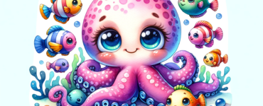 A cute and funny-looking octopus with friendly mini-sized fishes, now in a landscape orientation. The playful and whimsical underwater scene is depicted in vibrant colors and a cartoon-like style.