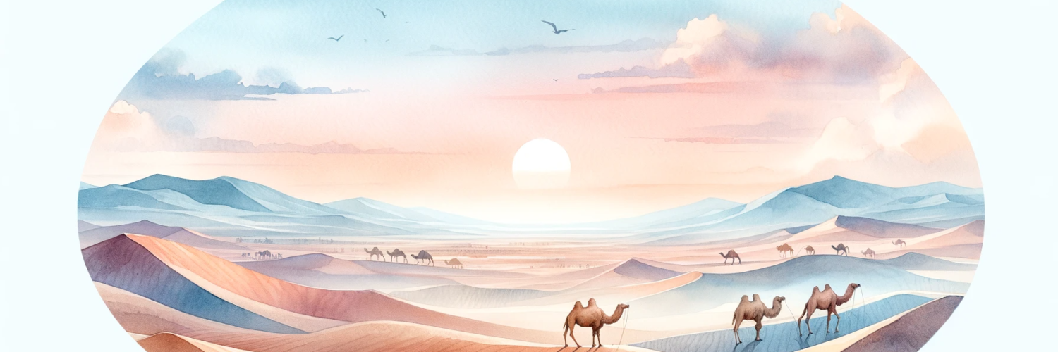 A watercolor subliminal clipart of a desert scene with camels