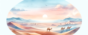 A watercolor subliminal clipart of a desert scene with camels