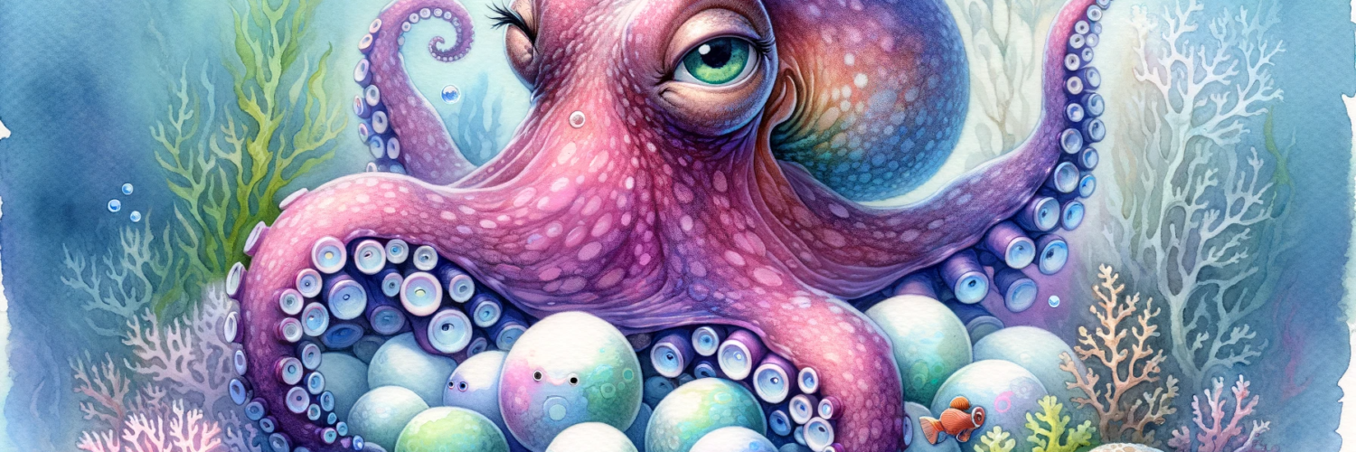 an octopus mother with her eggs, surrounded by small sea creatures in a whimsical and vibrant underwater setting.