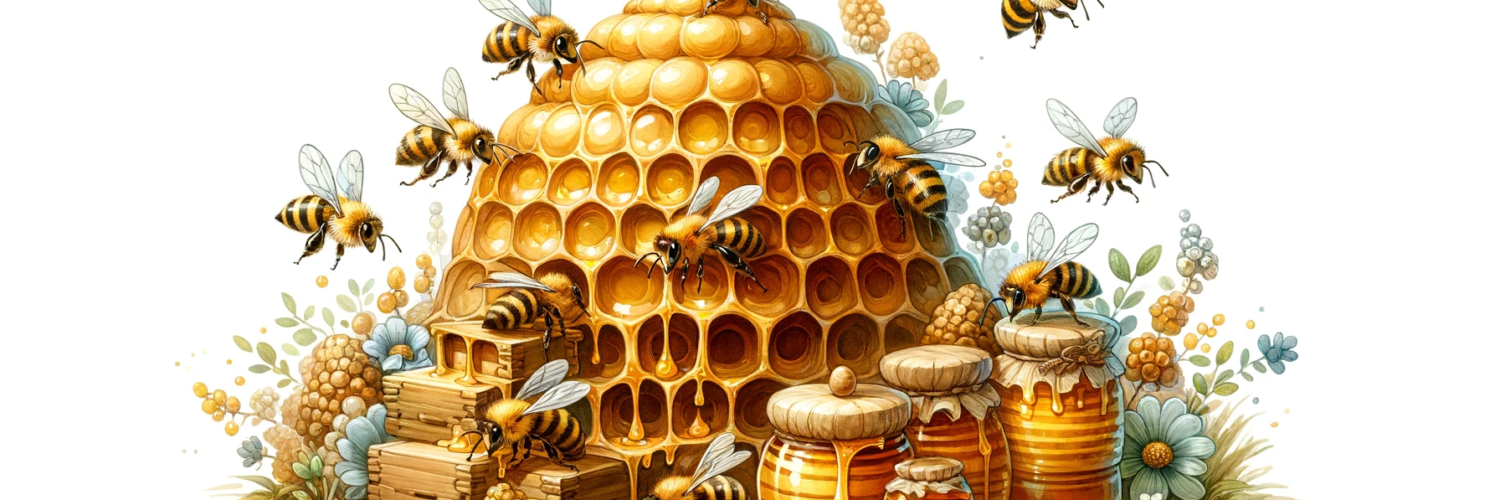 a watercolor painting of a cute group of bees in a beehive, surrounded by abundant honey. The whimsical and charming scene captures the bees buzzing around playfully with a soft, blended look typical of watercolor art.