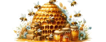 a watercolor painting of a cute group of bees in a beehive, surrounded by abundant honey. The whimsical and charming scene captures the bees buzzing around playfully with a soft, blended look typical of watercolor art.