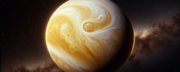 image of planet Venus as seen from space, depicted in a realistic and detailed manner, with its thick, swirling cloud cover and a backdrop of the vast cosmos.